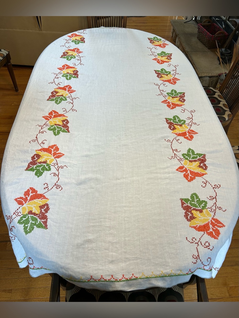 Vintage Linen Hand-Cross Stitched Tablecloth, Scalloped, Autumn Leaves, 82-67